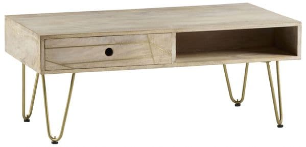 Brecon Light Mango Wood Rectangular Coffee Table | Rectangular coffee table with drawer, shelf and metal hairpin legs.